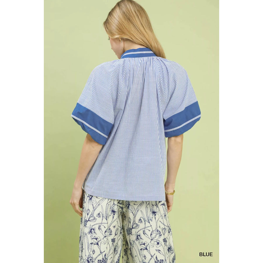 Umgee Striped Mixed Puff Sleeve Blouse Apparel and Accessories