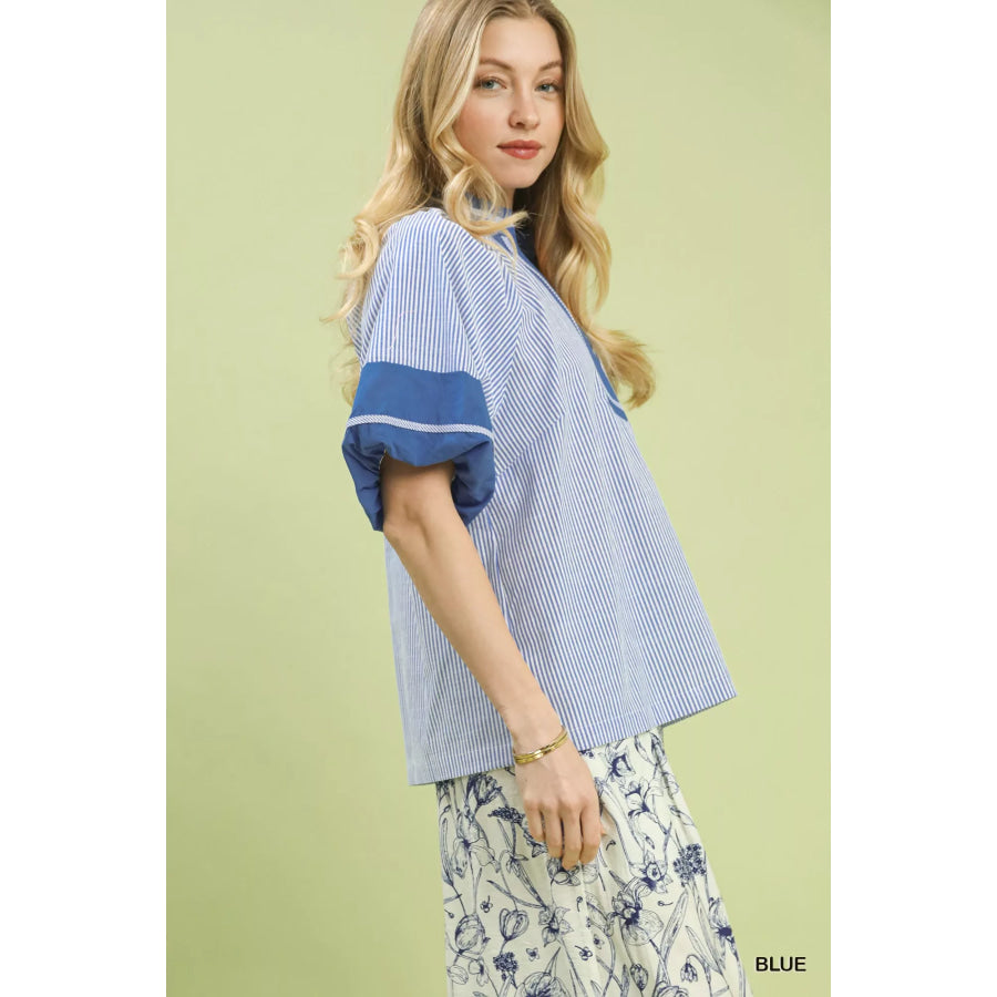 Umgee Striped Mixed Puff Sleeve Blouse Apparel and Accessories