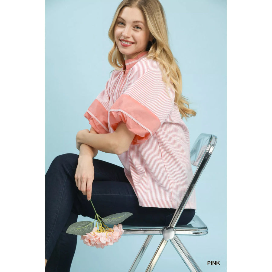 Umgee Striped Mixed Puff Sleeve Blouse Apparel and Accessories
