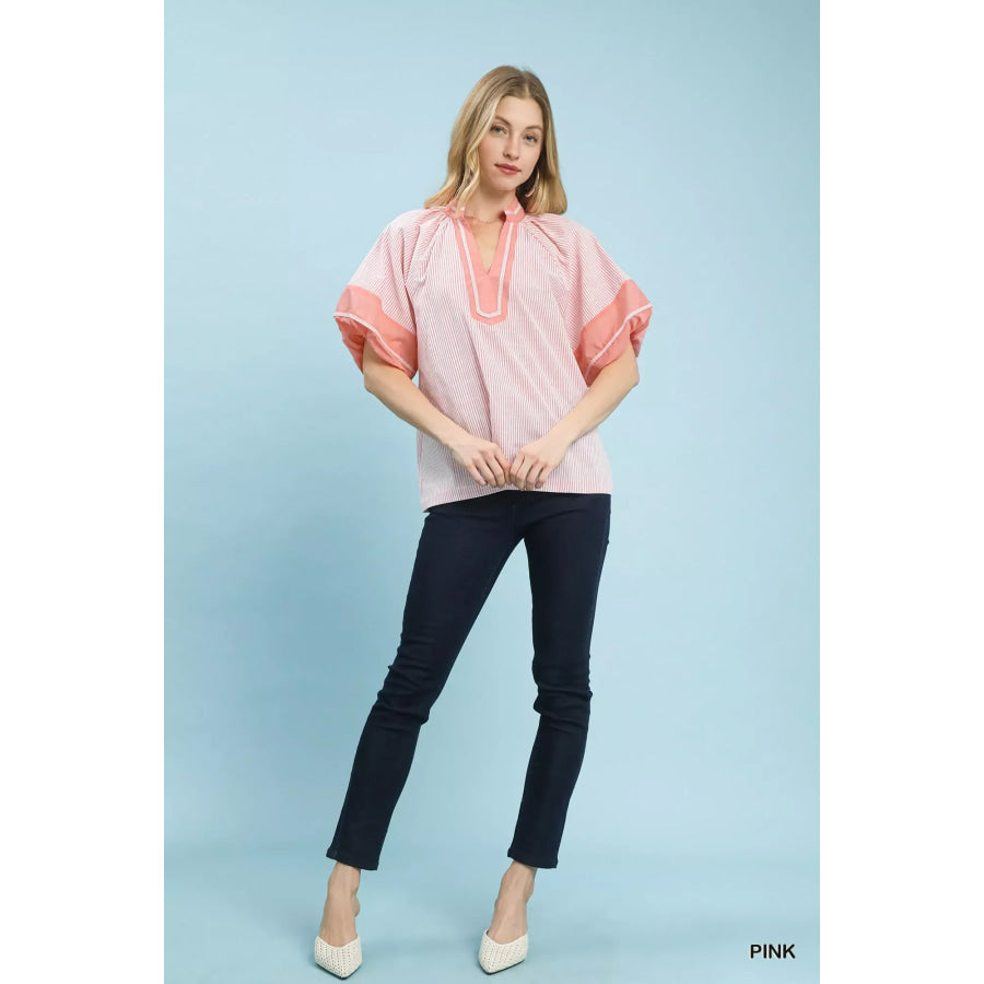 Umgee Striped Mixed Puff Sleeve Blouse Apparel and Accessories
