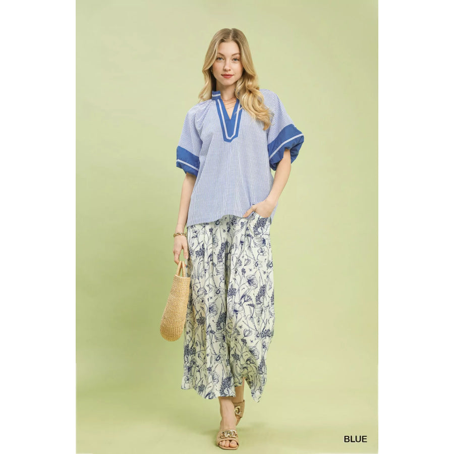 Umgee Striped Mixed Puff Sleeve Blouse Apparel and Accessories