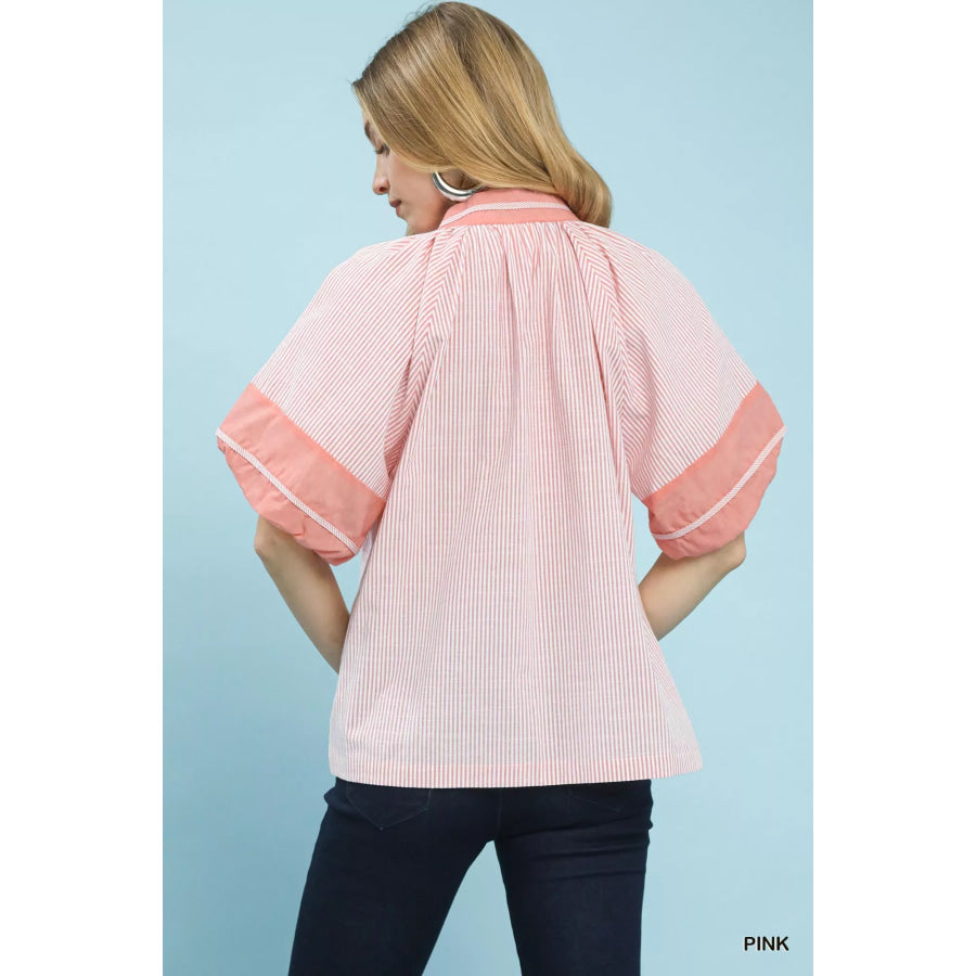 Umgee Striped Mixed Puff Sleeve Blouse Apparel and Accessories