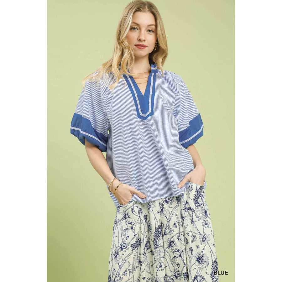 Umgee Striped Mixed Puff Sleeve Blouse BLUE / S Apparel and Accessories