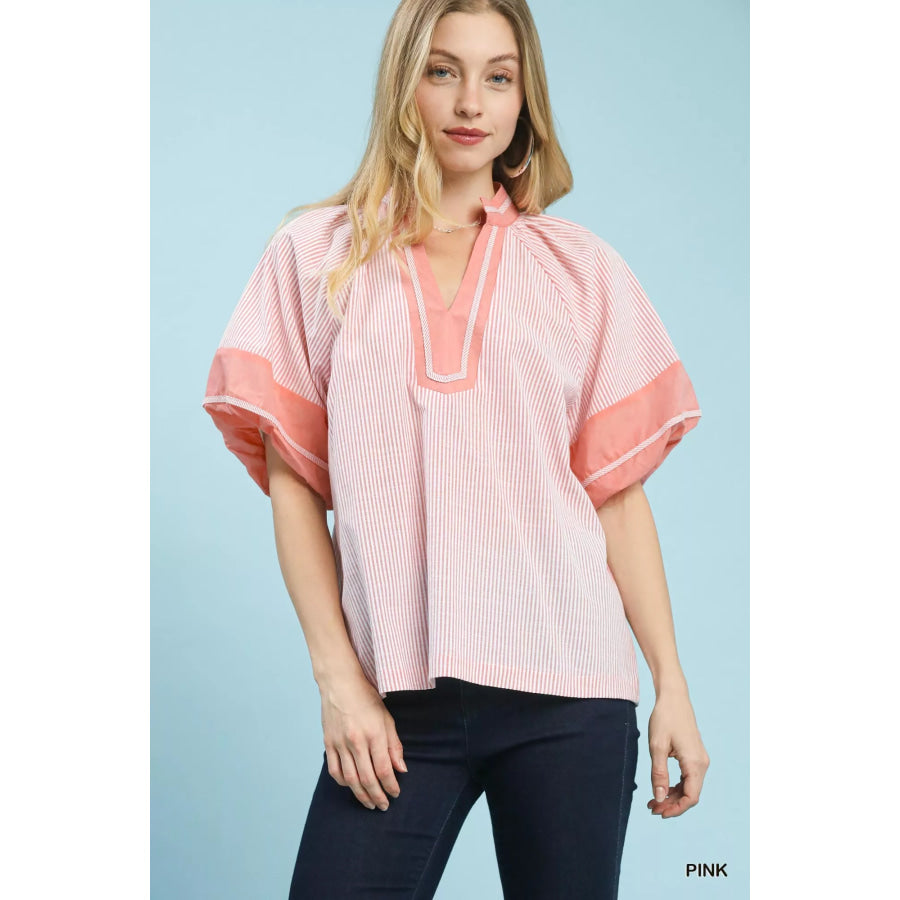 Umgee Striped Mixed Puff Sleeve Blouse Pink / S Apparel and Accessories