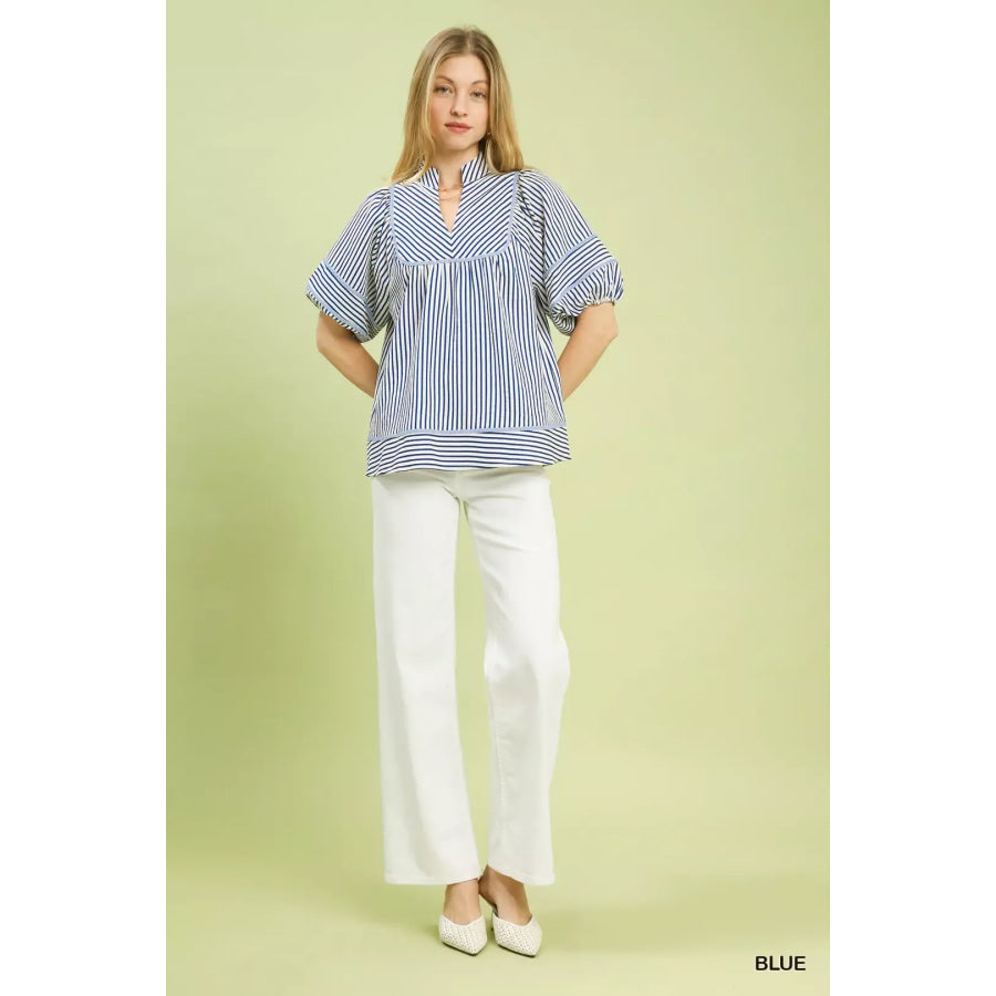 Umgee Striped Puff Sleeve Babydoll Top Apparel and Accessories