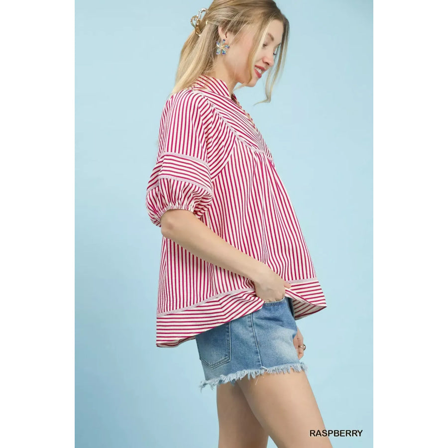 Umgee Striped Puff Sleeve Babydoll Top Apparel and Accessories