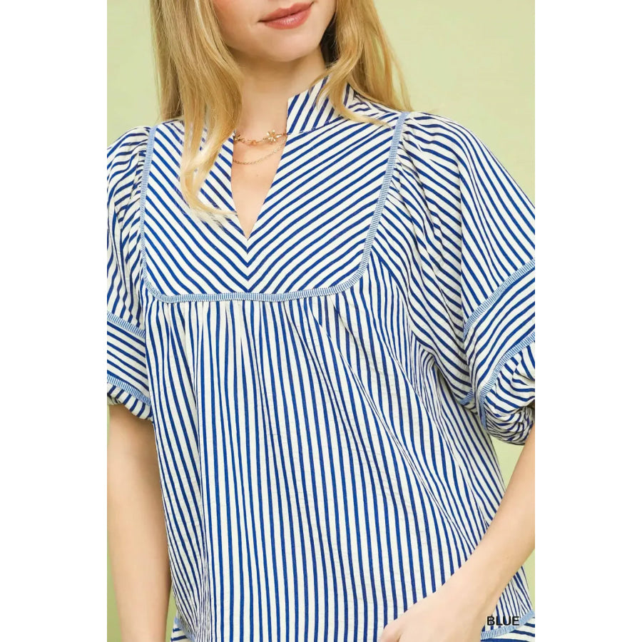 Umgee Striped Puff Sleeve Babydoll Top Apparel and Accessories