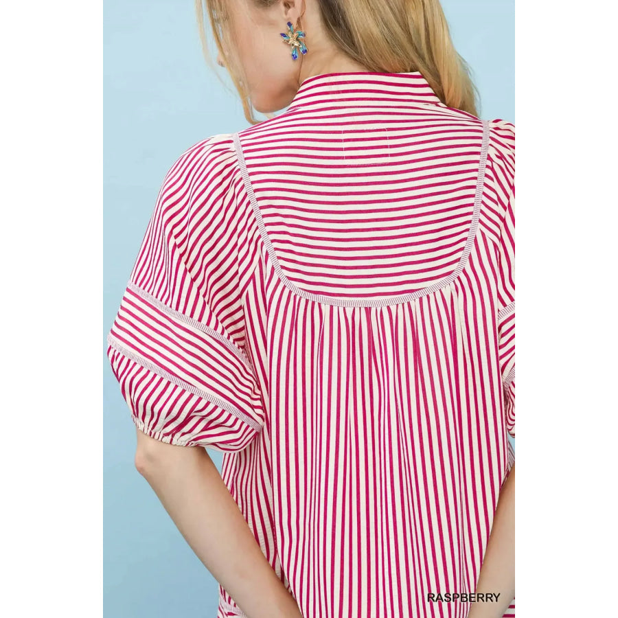 Umgee Striped Puff Sleeve Babydoll Top Apparel and Accessories