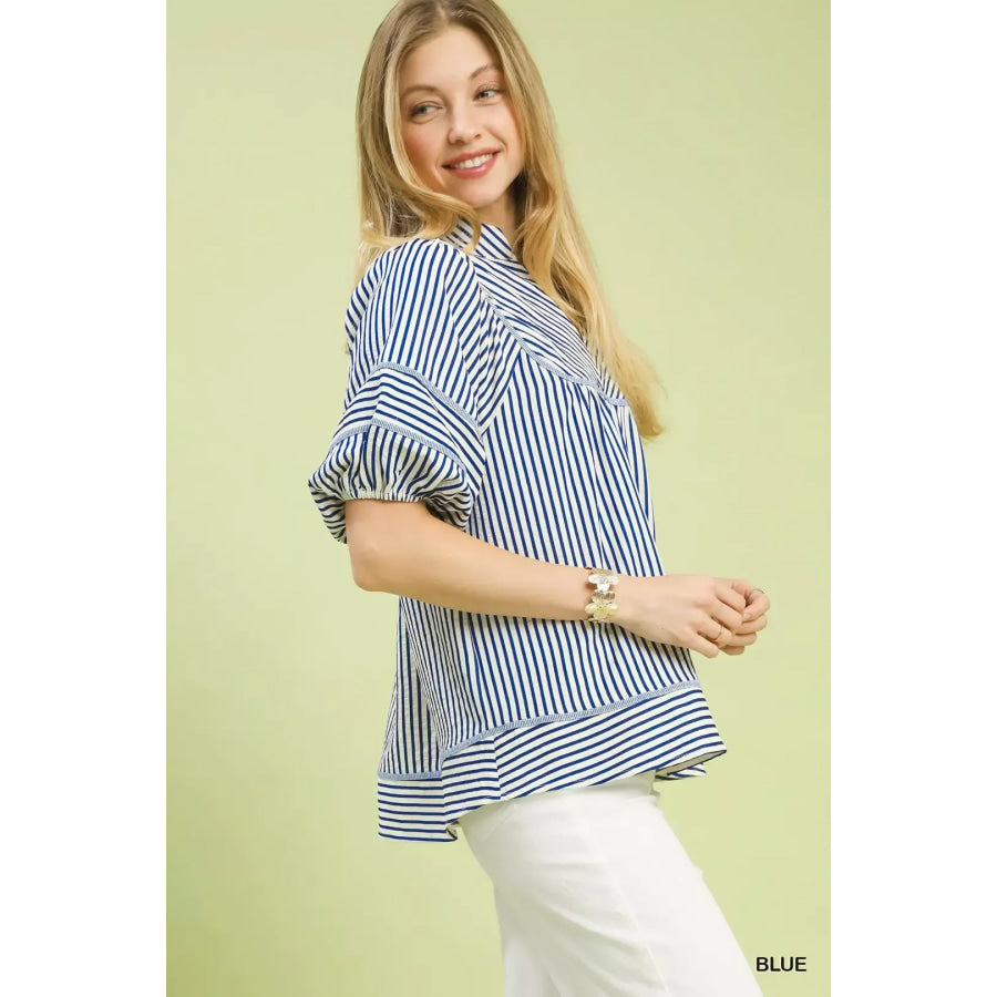 Umgee Striped Puff Sleeve Babydoll Top BLUE / S Apparel and Accessories