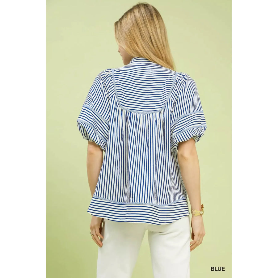 Umgee Striped Puff Sleeve Babydoll Top Apparel and Accessories