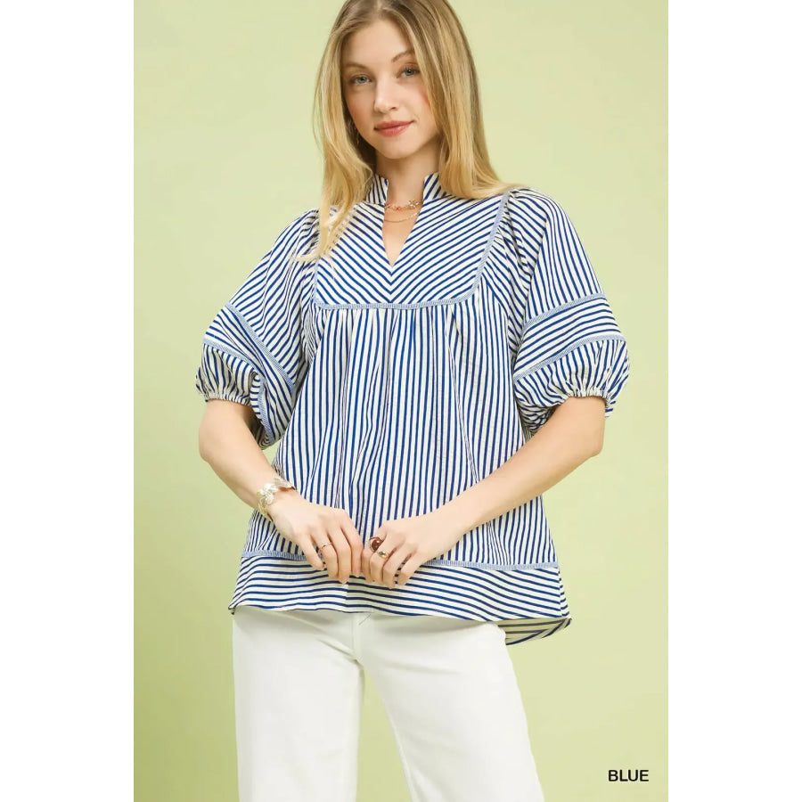 Umgee Striped Puff Sleeve Babydoll Top BLUE / S Apparel and Accessories
