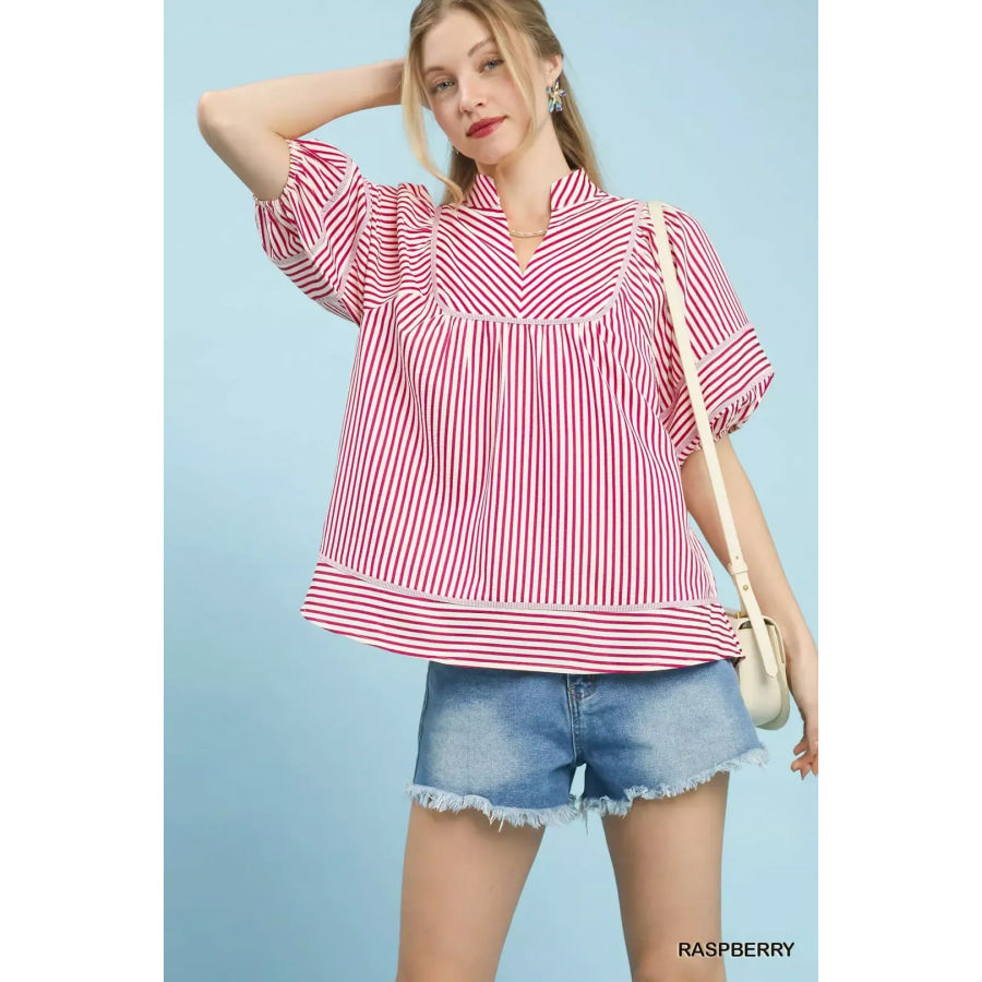 Umgee Striped Puff Sleeve Babydoll Top RASPBERRY / S Apparel and Accessories