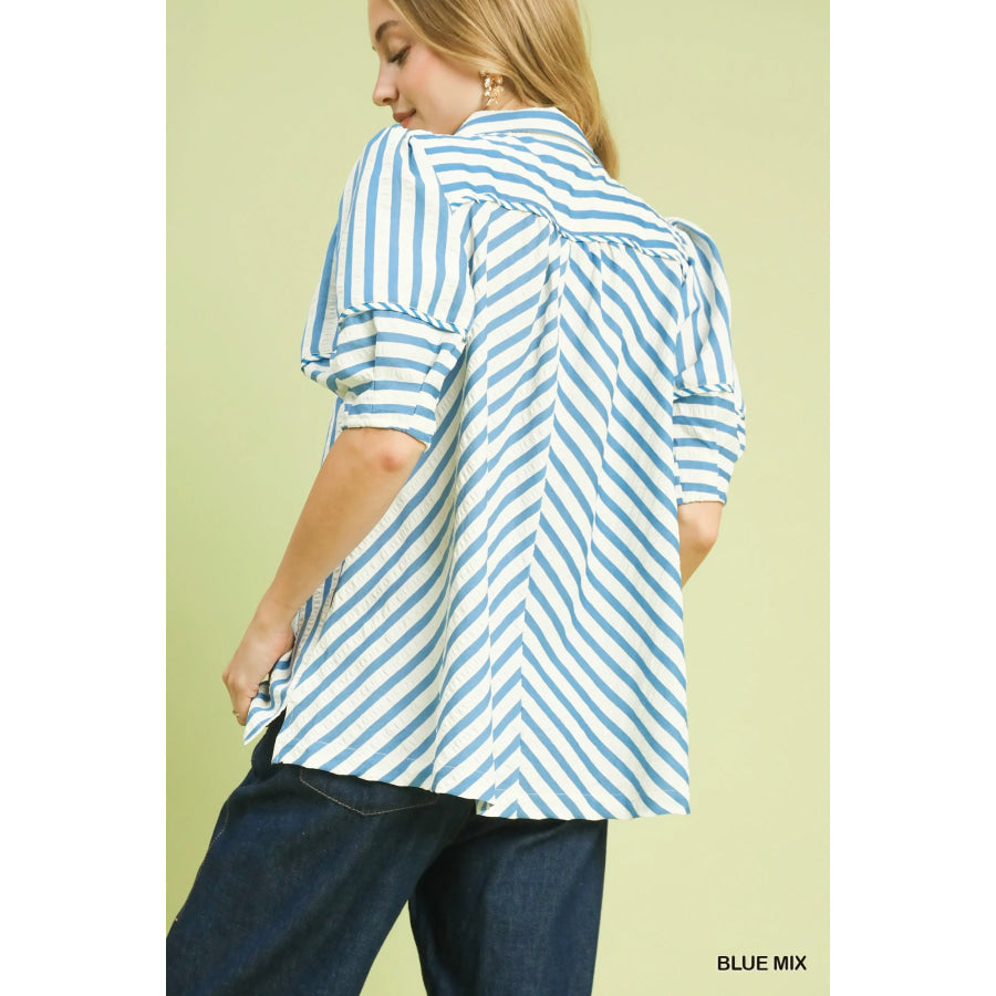 Umgee Striped Puff Sleeve Blouse BLUE MIX / S Apparel and Accessories
