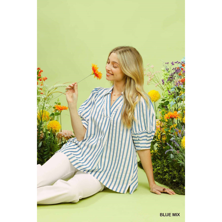 Umgee Striped Puff Sleeve Blouse Apparel and Accessories