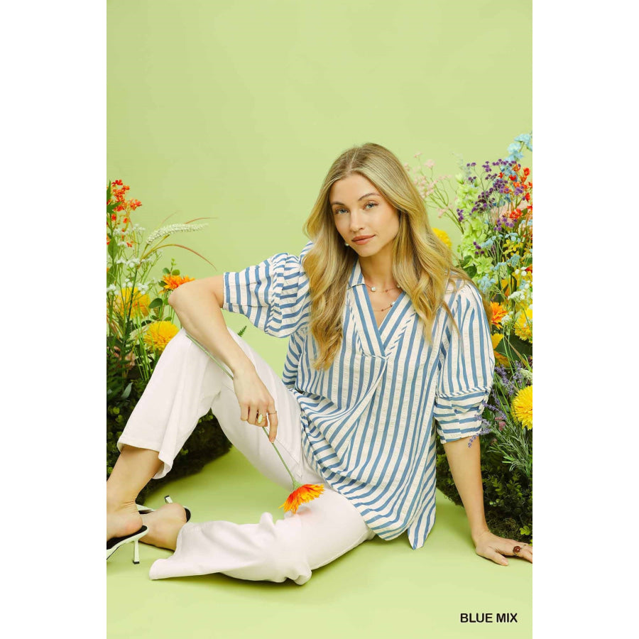 Umgee Striped Puff Sleeve Blouse Apparel and Accessories