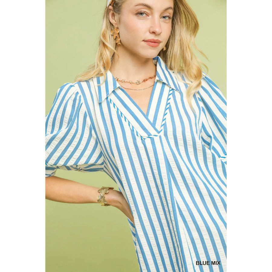 Umgee Striped Puff Sleeve Blouse Apparel and Accessories