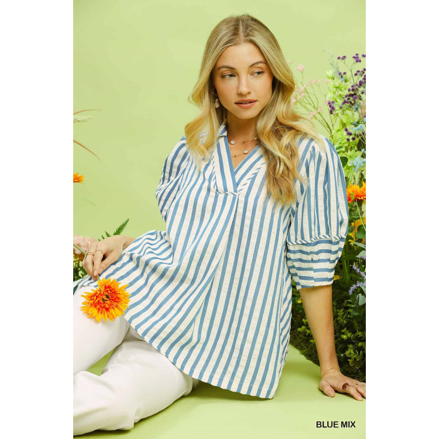 Umgee Striped Puff Sleeve Blouse Apparel and Accessories