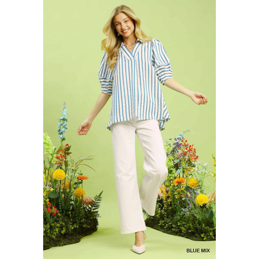 Umgee Striped Puff Sleeve Blouse BLUE MIX / S Apparel and Accessories