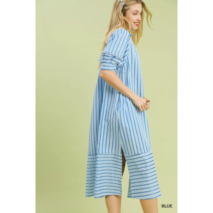 Umgee Striped Puff Sleeve Midi Dress BLUE / S Apparel and Accessories