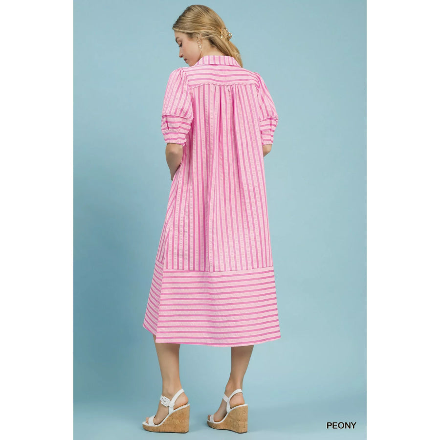 Umgee Striped Puff Sleeve Midi Dress Apparel and Accessories