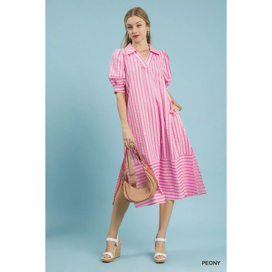 Umgee Striped Puff Sleeve Midi Dress Apparel and Accessories