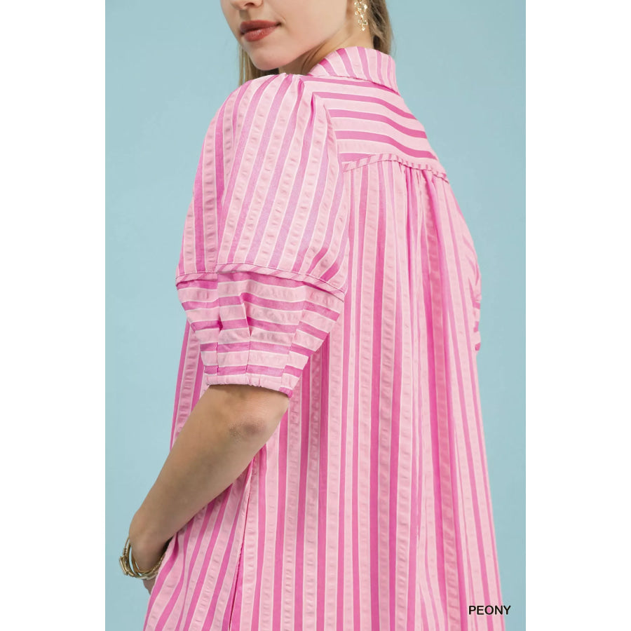 Umgee Striped Puff Sleeve Midi Dress Apparel and Accessories