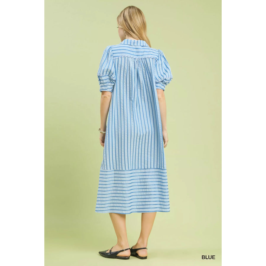 Umgee Striped Puff Sleeve Midi Dress Apparel and Accessories