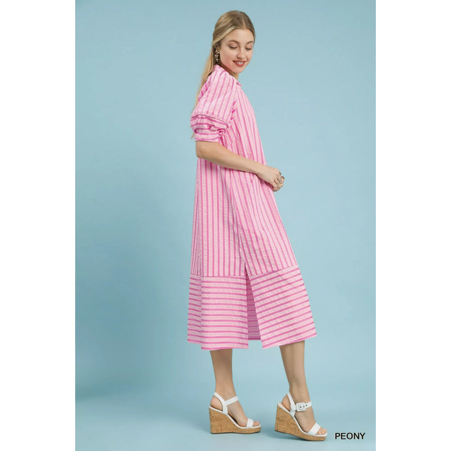 Umgee Striped Puff Sleeve Midi Dress PEONY / S Apparel and Accessories