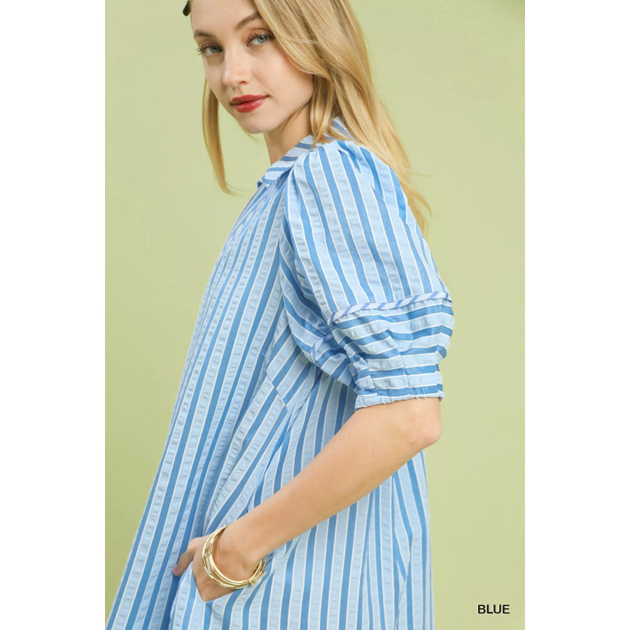 Umgee Striped Puff Sleeve Midi Dress Apparel and Accessories
