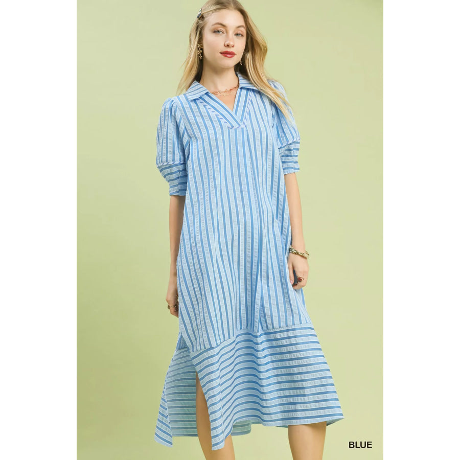 Umgee Striped Puff Sleeve Midi Dress BLUE / S Apparel and Accessories