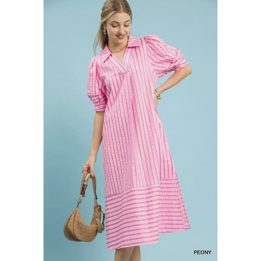 Umgee Striped Puff Sleeve Midi Dress PEONY / S Apparel and Accessories