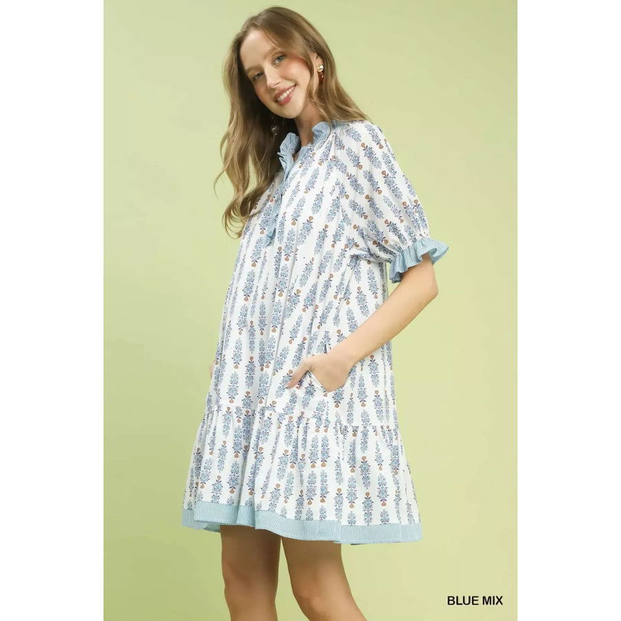 Umgee Striped Trim Floral Tiered Mini Dress BLUE MIX / S Apparel and Accessories