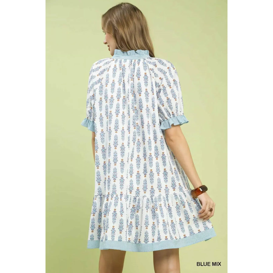 Umgee Striped Trim Floral Tiered Mini Dress Apparel and Accessories