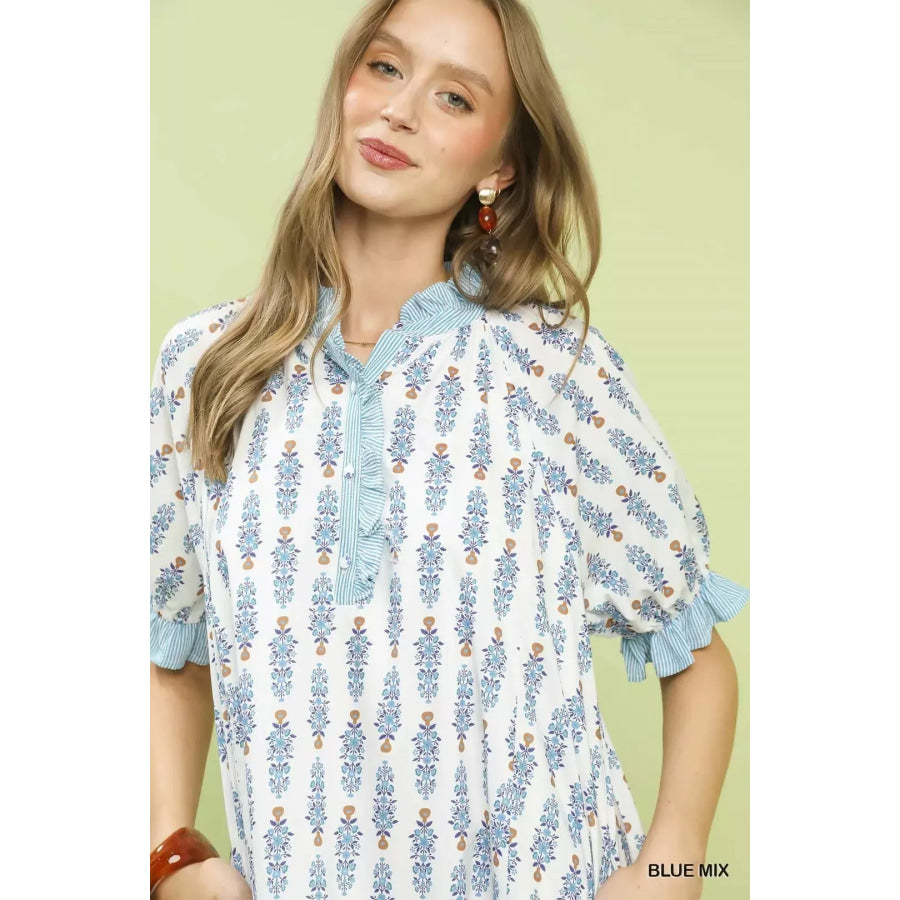 Umgee Striped Trim Floral Tiered Mini Dress Apparel and Accessories