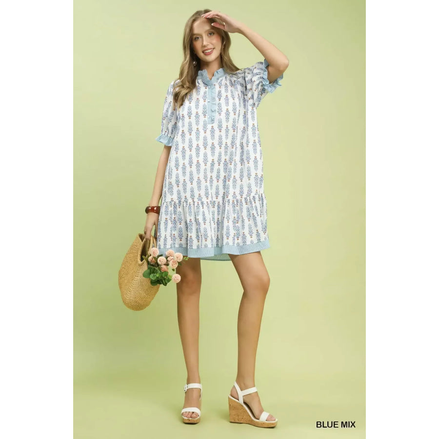 Umgee Striped Trim Floral Tiered Mini Dress Apparel and Accessories