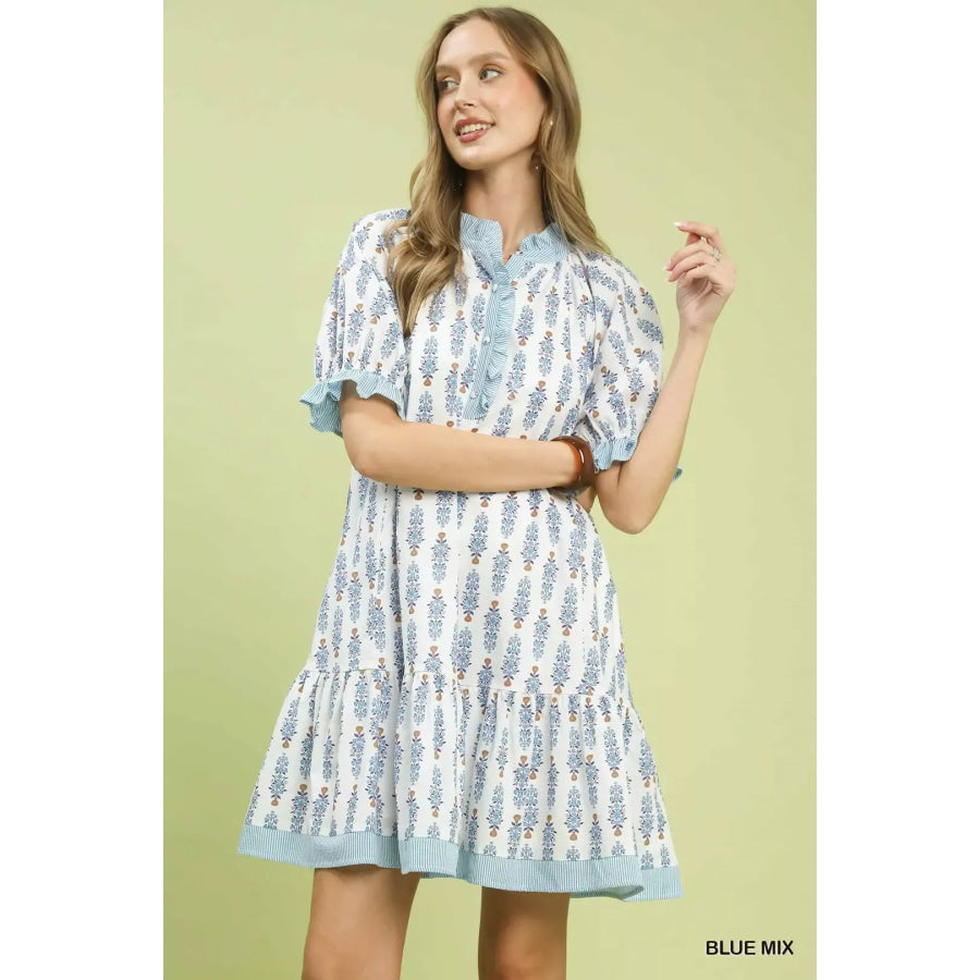 Umgee Striped Trim Floral Tiered Mini Dress BLUE MIX / S Apparel and Accessories