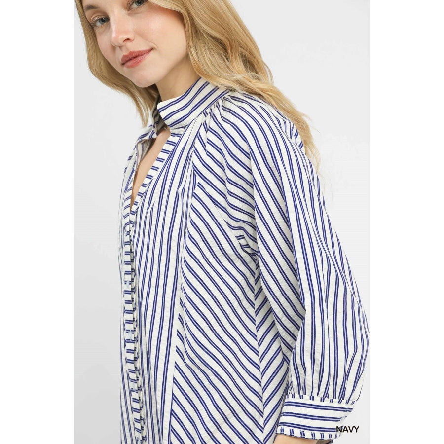 Umgee Striped V-Neck Button Down Top Apparel and Accessories