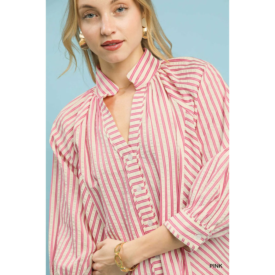 Umgee Striped V-Neck Button Down Top Apparel and Accessories