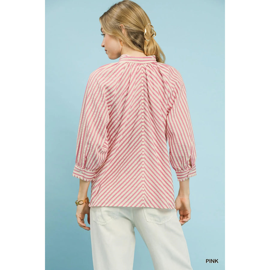Umgee Striped V-Neck Button Down Top Apparel and Accessories