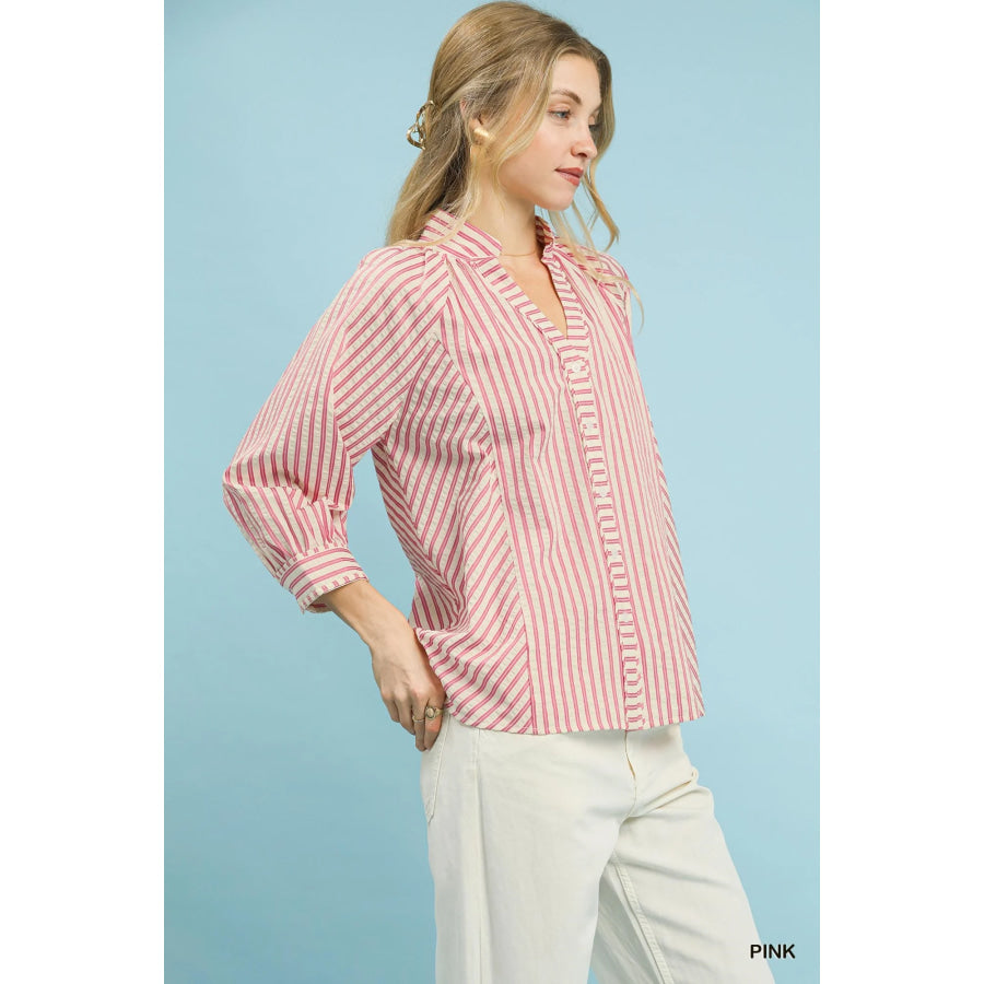 Umgee Striped V-Neck Button Down Top Apparel and Accessories