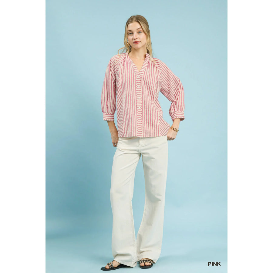Umgee Striped V-Neck Button Down Top Apparel and Accessories