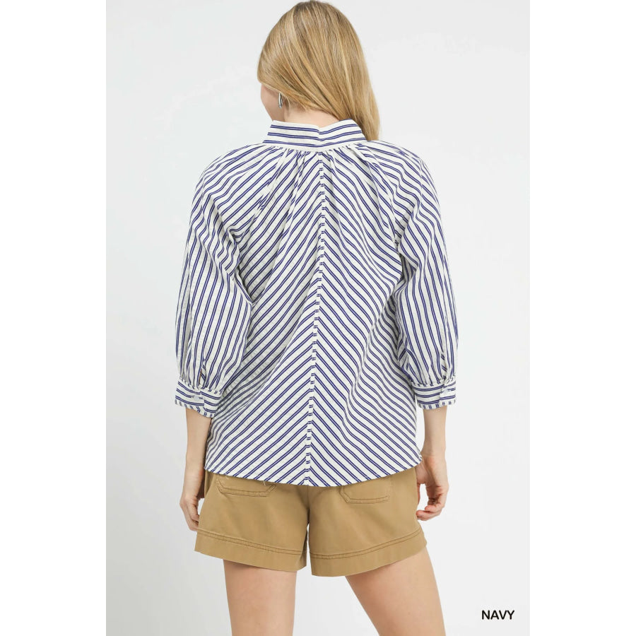 Umgee Striped V-Neck Button Down Top Apparel and Accessories