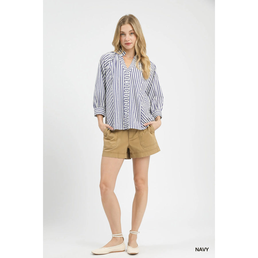 Umgee Striped V-Neck Button Down Top Apparel and Accessories
