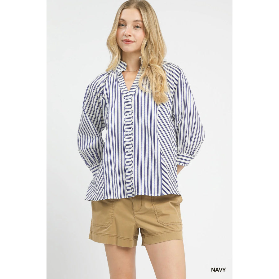 Umgee Striped V-Neck Button Down Top NAVY / S Apparel and Accessories