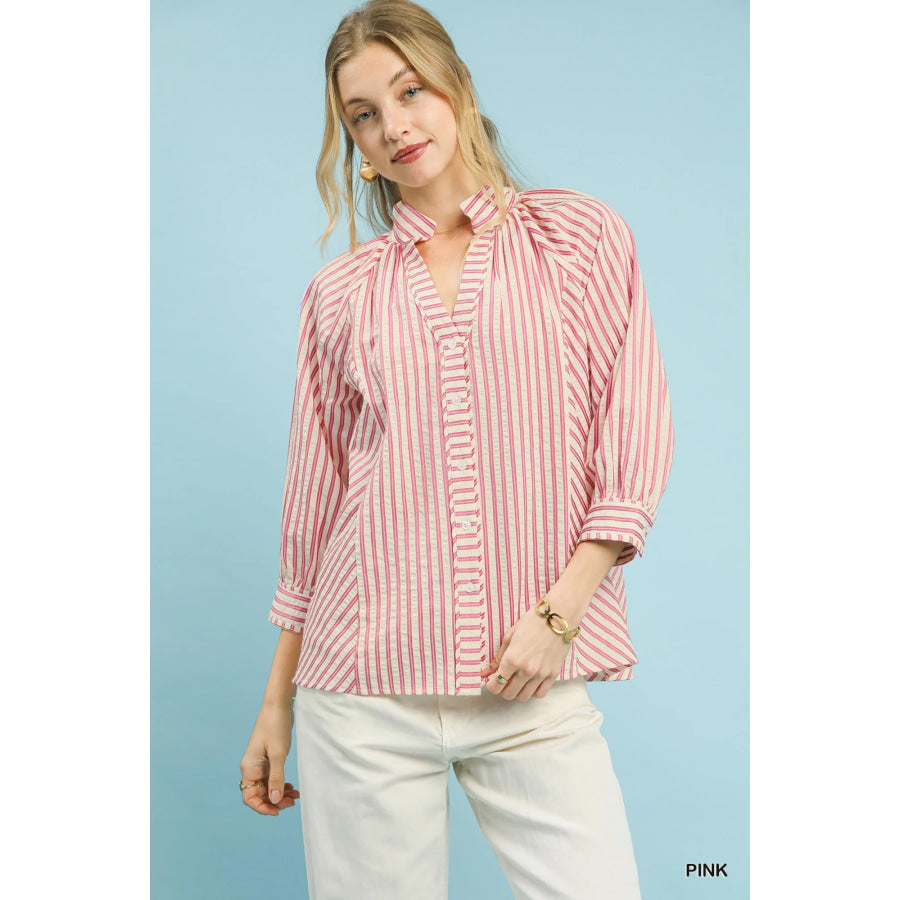 Umgee Striped V-Neck Button Down Top PINK / S Apparel and Accessories