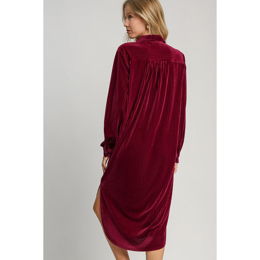 Umgee Texture Curved Hem Button Down Shirt Dress Burgundy / S Apparel and Accessories