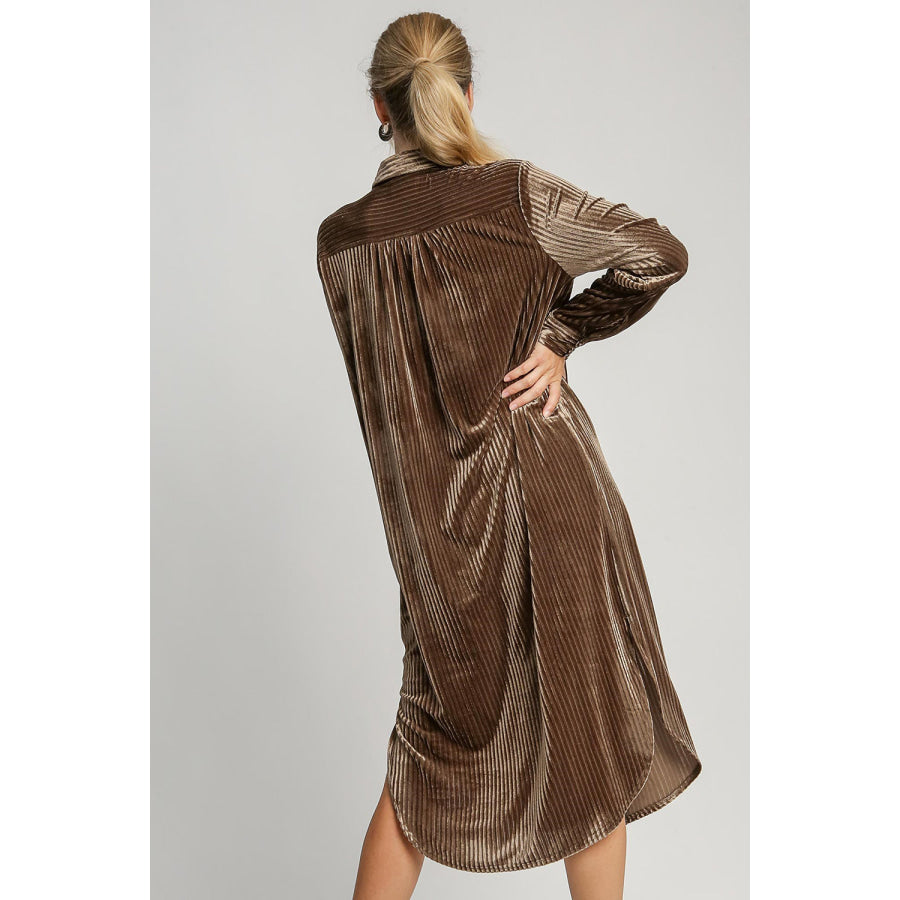 Umgee Texture Curved Hem Button Down Shirt Dress Brown / S Apparel and Accessories