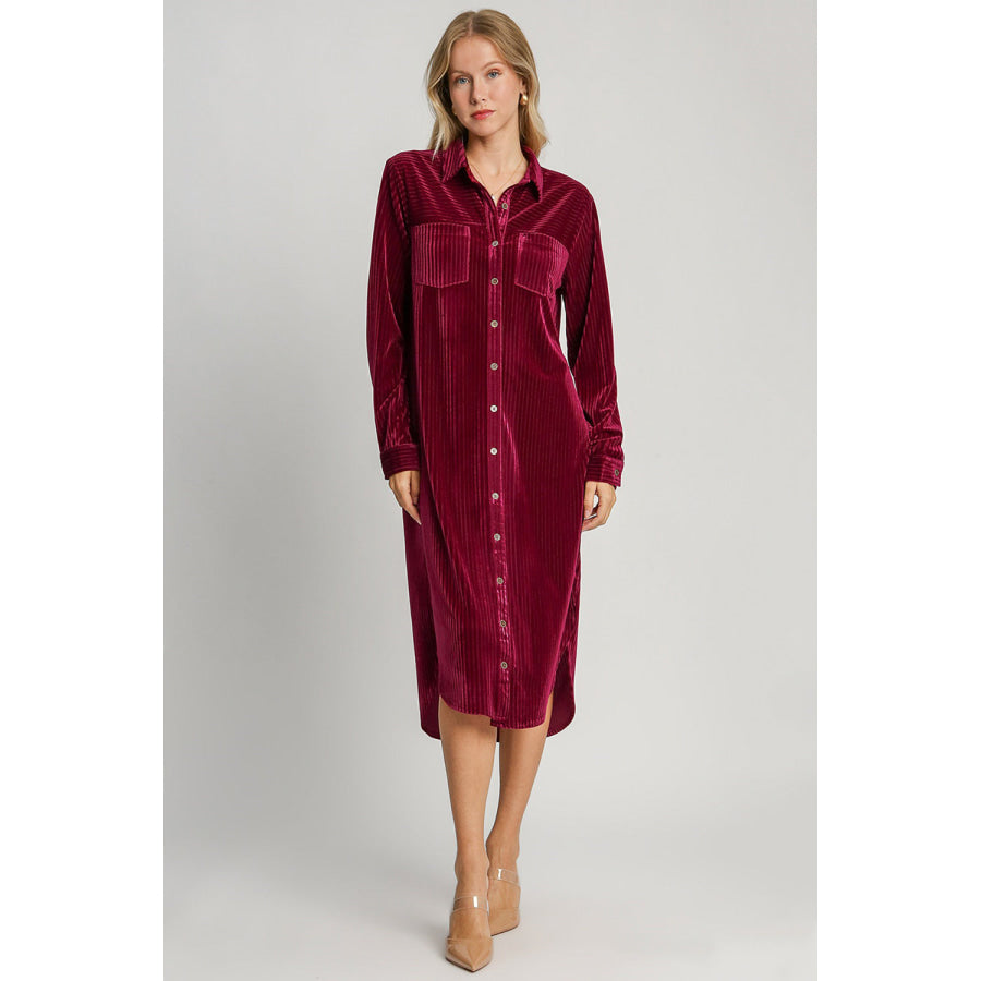 Umgee Texture Curved Hem Button Down Shirt Dress Burgundy / S Apparel and Accessories