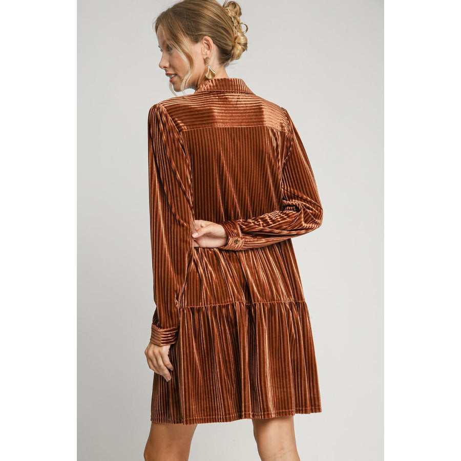 Umgee Texture Tiered Collared Long Sleeve Dress Apparel and Accessories