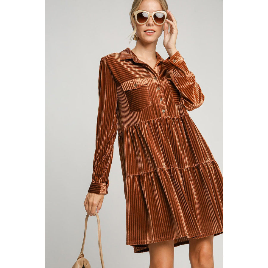 Umgee Texture Tiered Collared Long Sleeve Dress Copper / S Apparel and Accessories